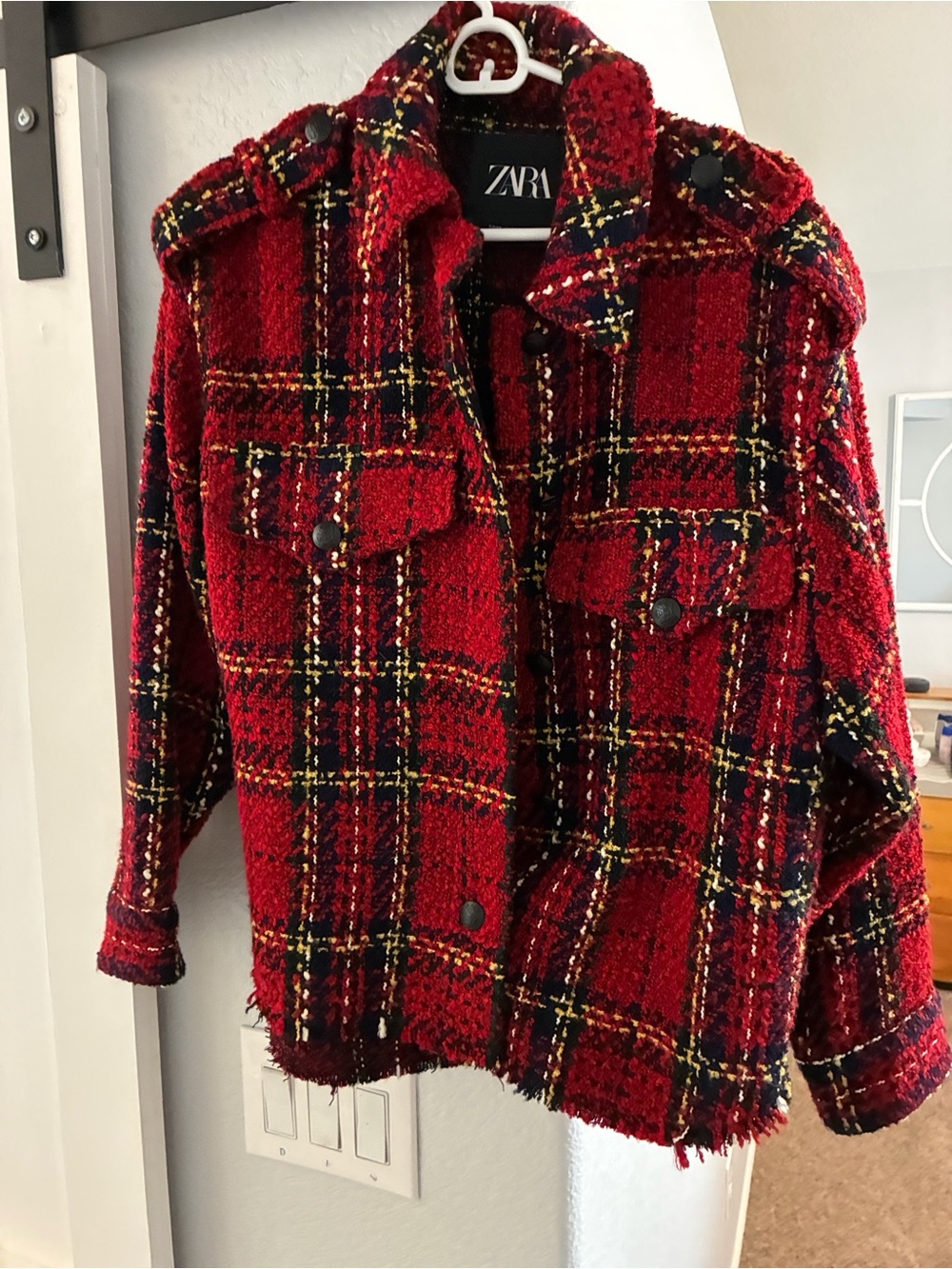 NWOT !Zara Red Black Plaid Bouclé Jacket Medium!
